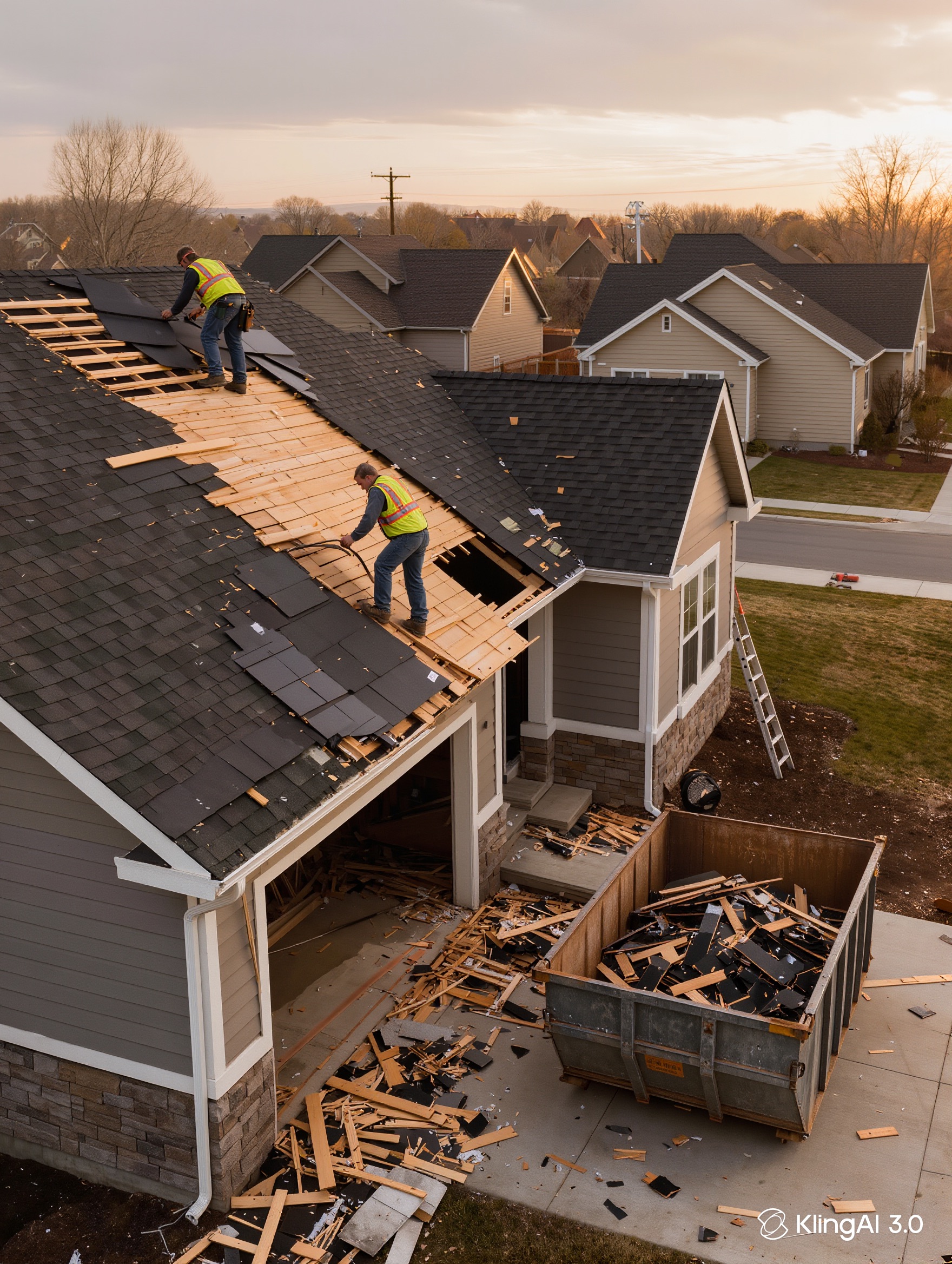 A roof being torn off and replaced